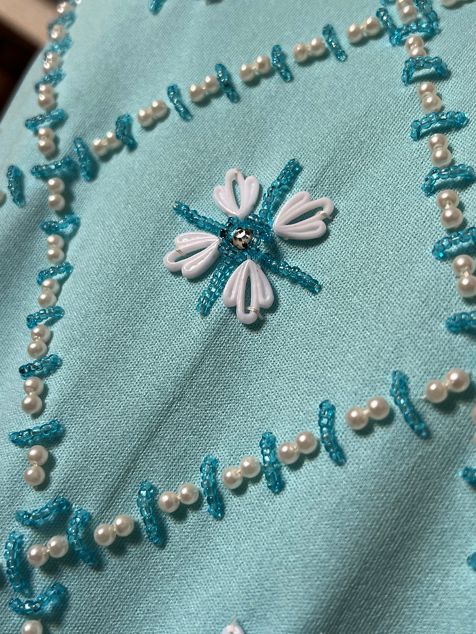 Thumbnail: Stunning Heavily Beaded Turquoise Pearl Statement Dress Front Side Close Up  View