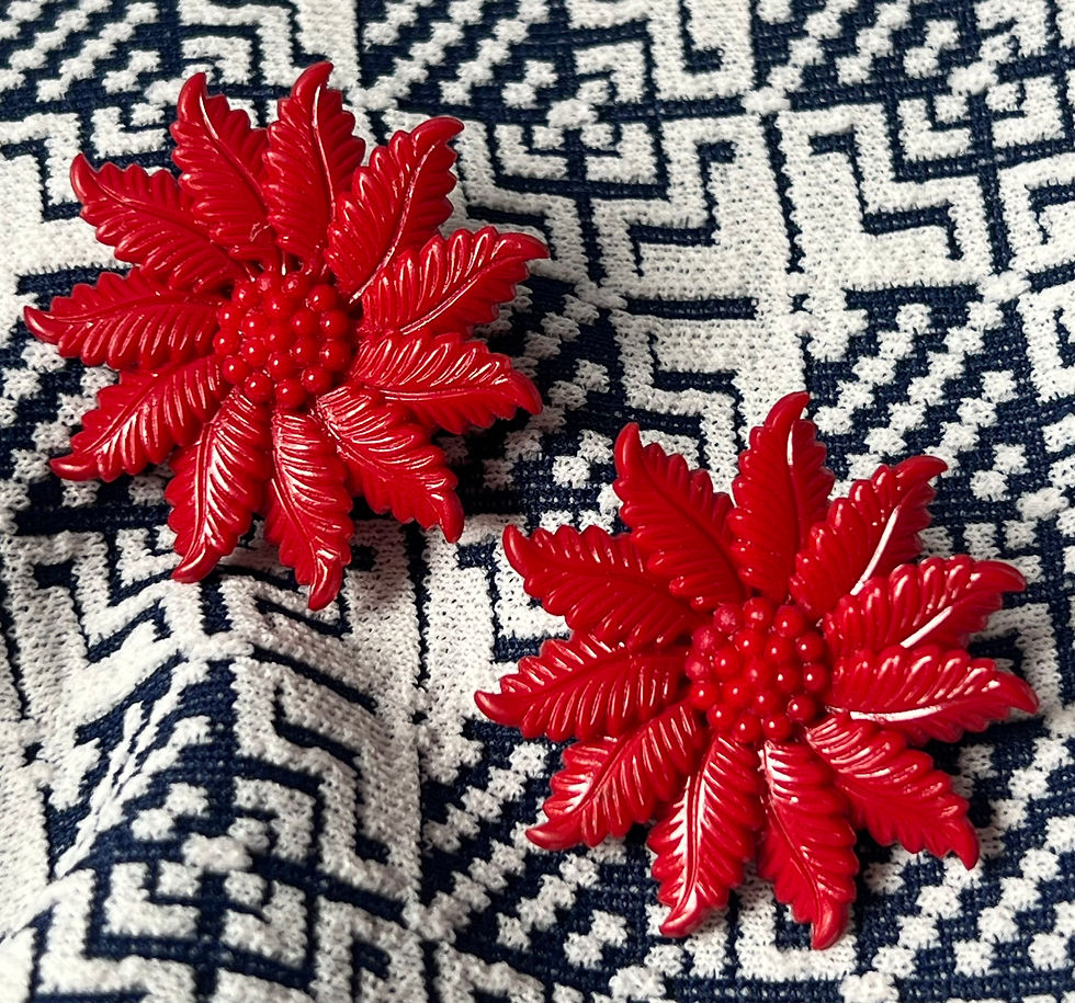Thumbnail: 1960s Large Red Flower Bud Acrylic Earrings Front laid flat view