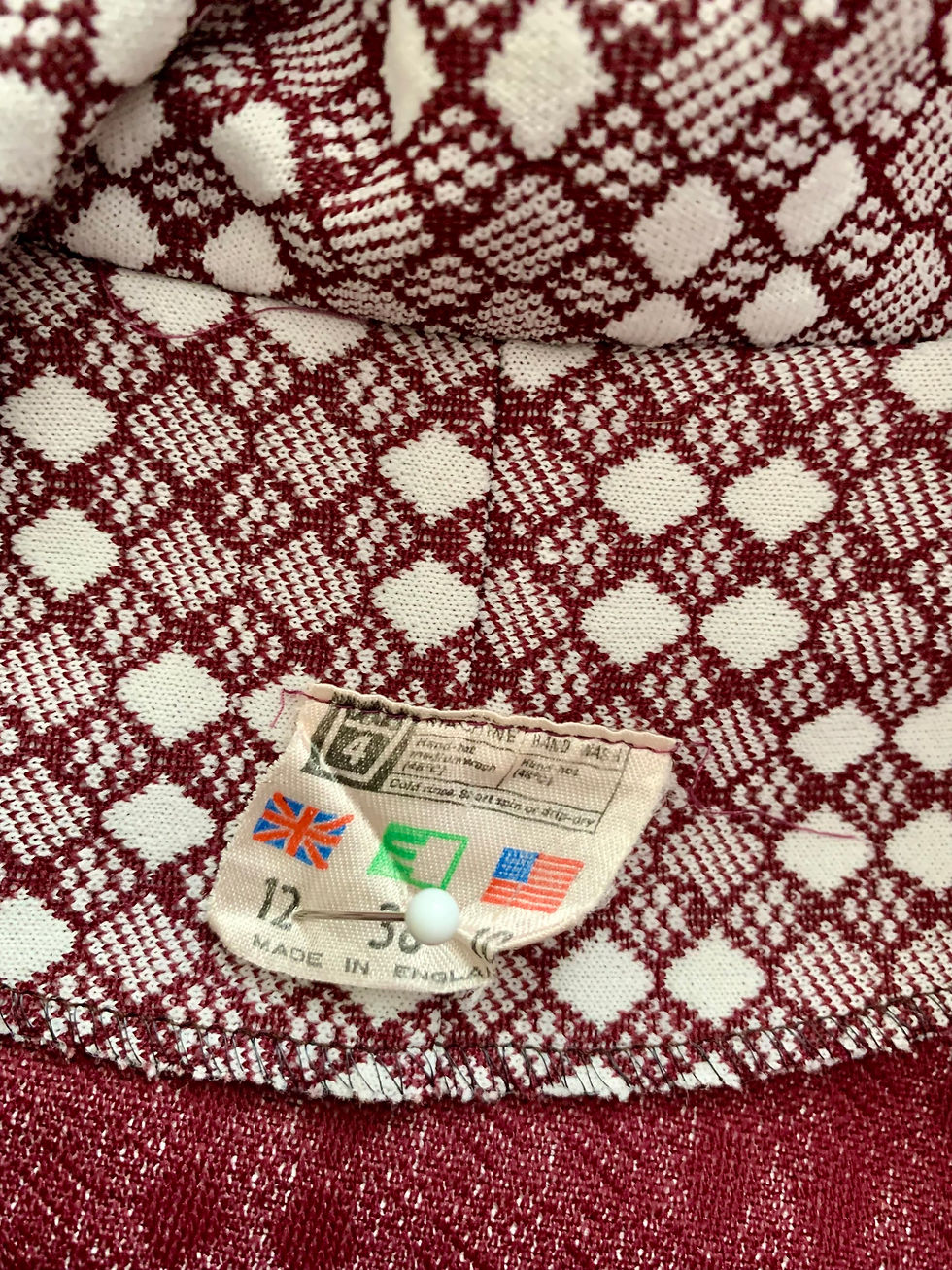 Thumbnail: 60s 70s Burgundy White Check Polyester Dress Label View