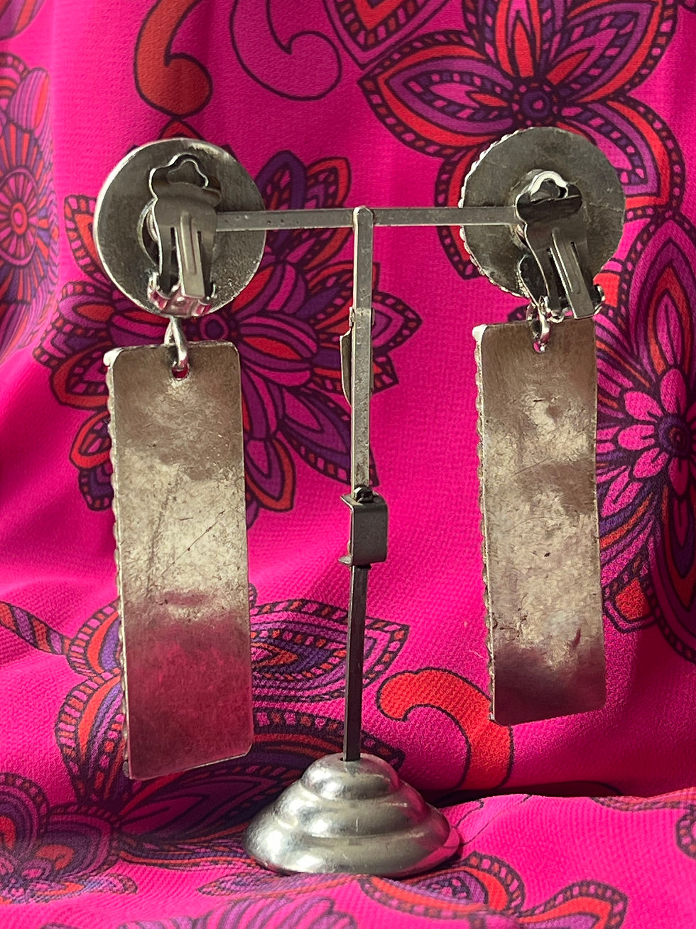 Thumbnail: 1970s Silver Metal Gemstone Drop Earrings Rear View