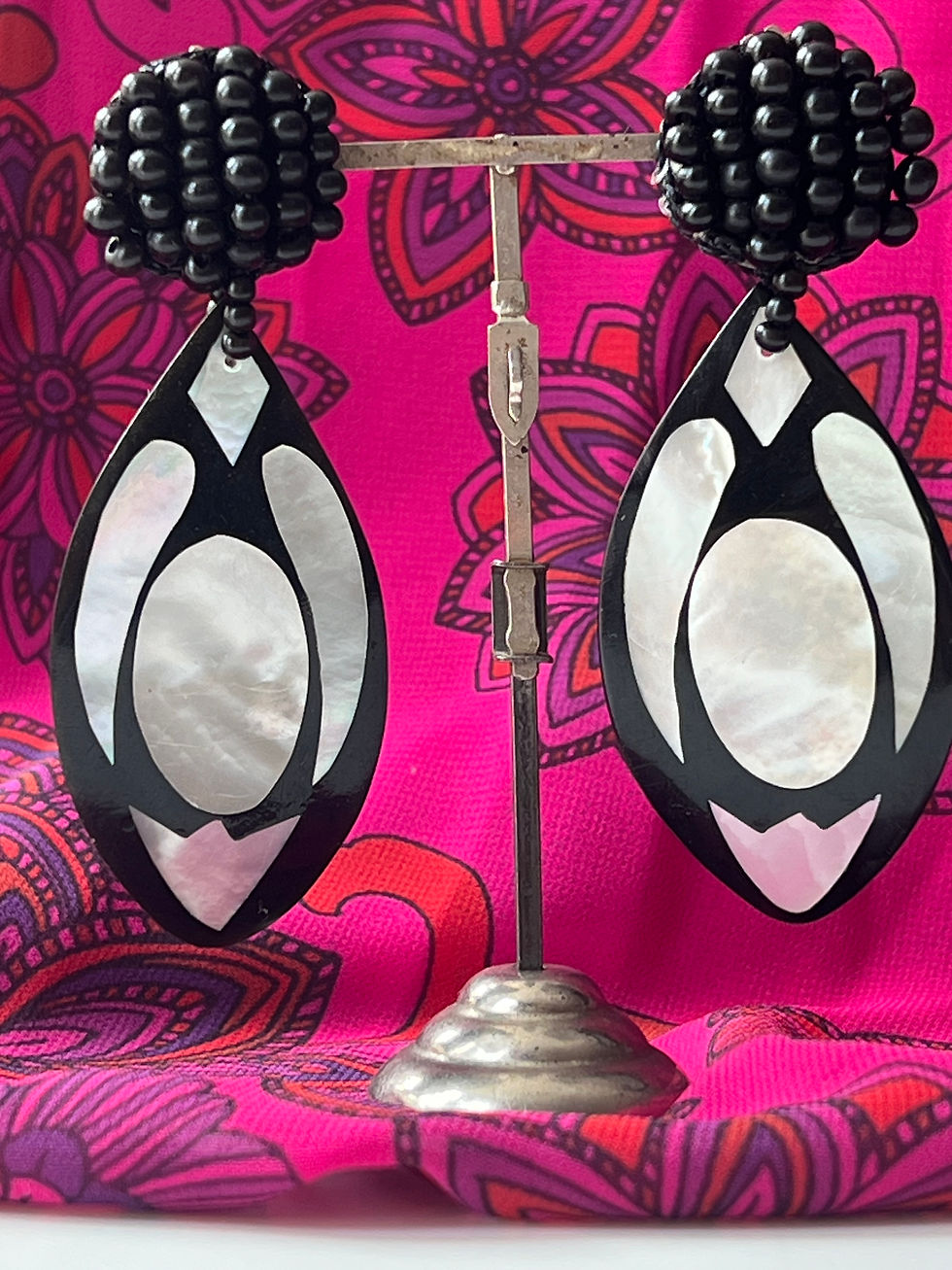 Thumbnail: 1970s Black Bead Mother of Pearl Drop Earrings Front View