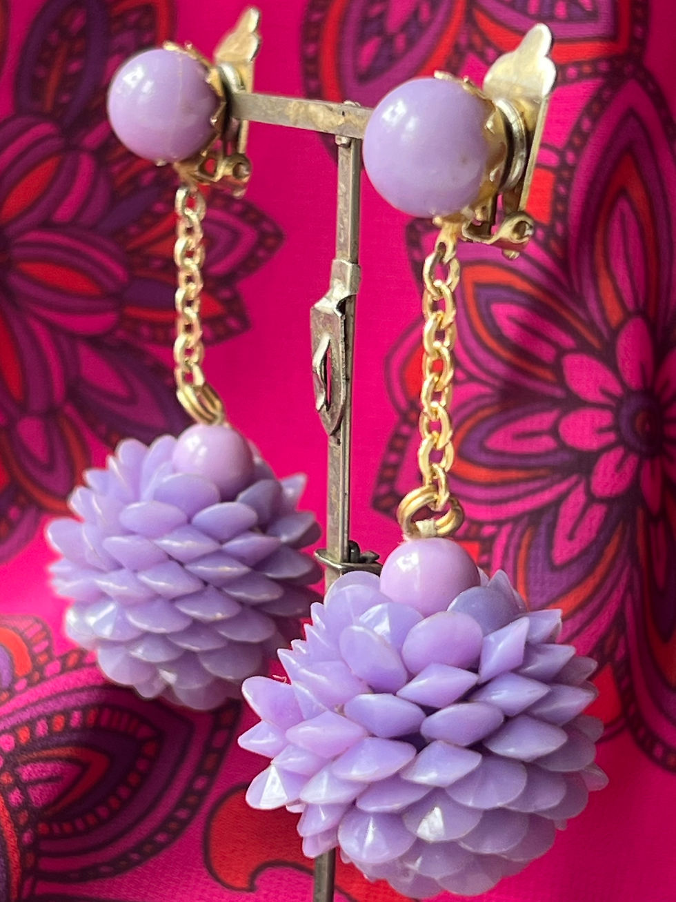 Thumbnail: 1960s Purple Lilac Beaded Dangly Clip On Earrings Front Side View