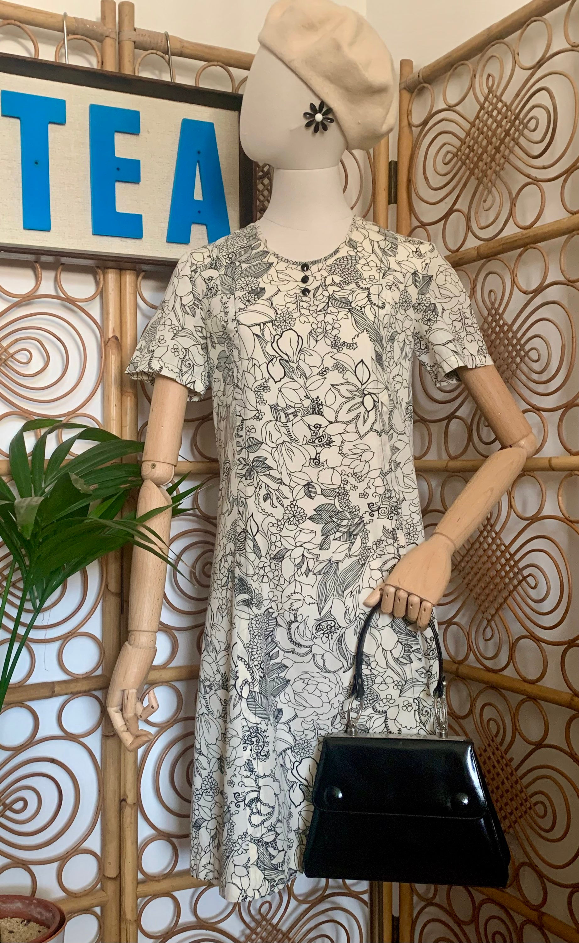 Original 60s Cream and Black Floral Handmade Day Dress