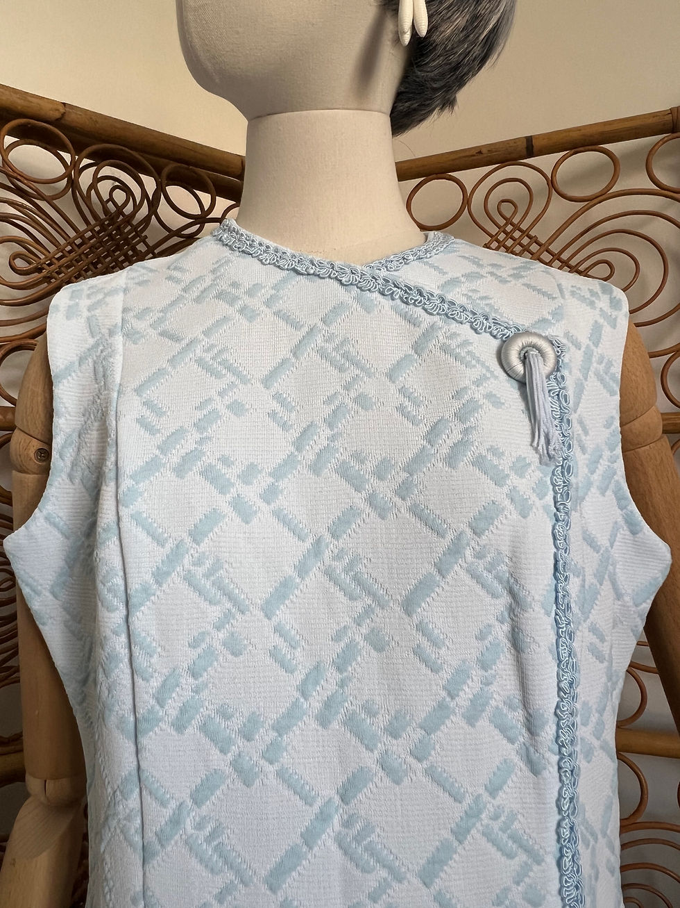 Thumbnail: Original 60s Baby Blue Patterned A-line Dress Front Close Up View