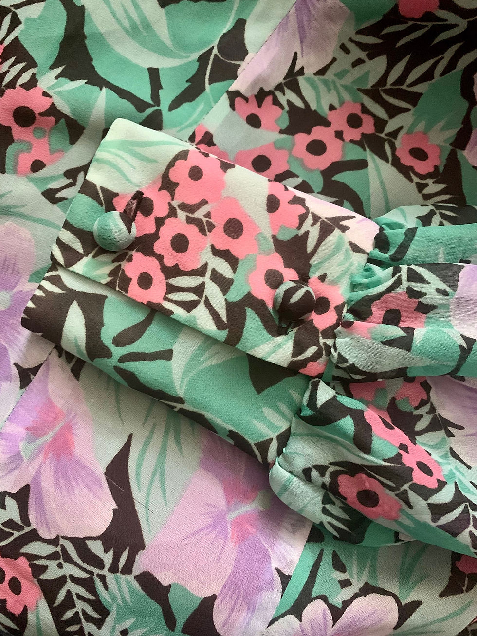Thumbnail: 1970s Chiffon V Neck Floral Floaty Style Tea Dress close up cuff view