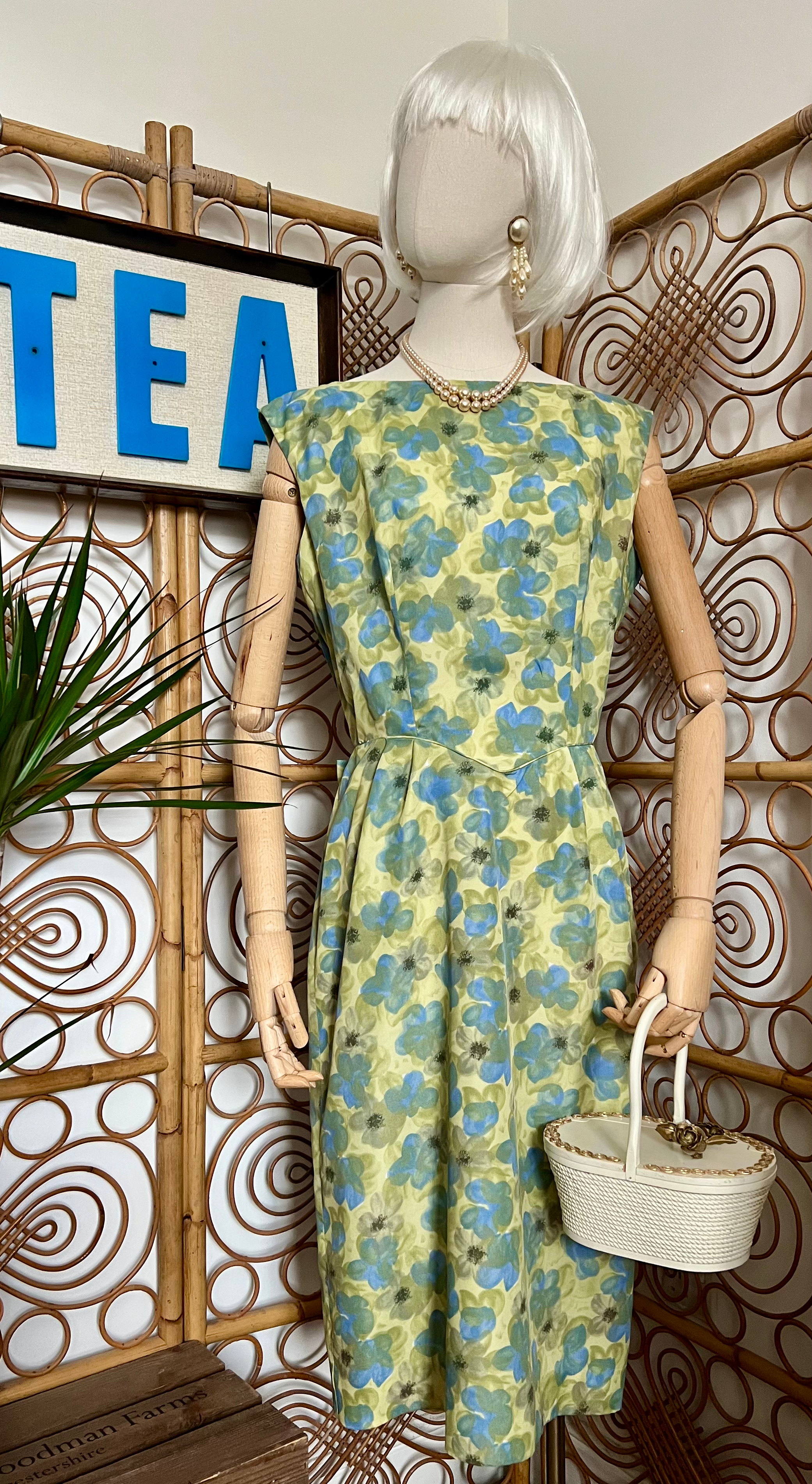 1950s 60s Green Blue Floral Alice Edwards Wiggle Dress Front View