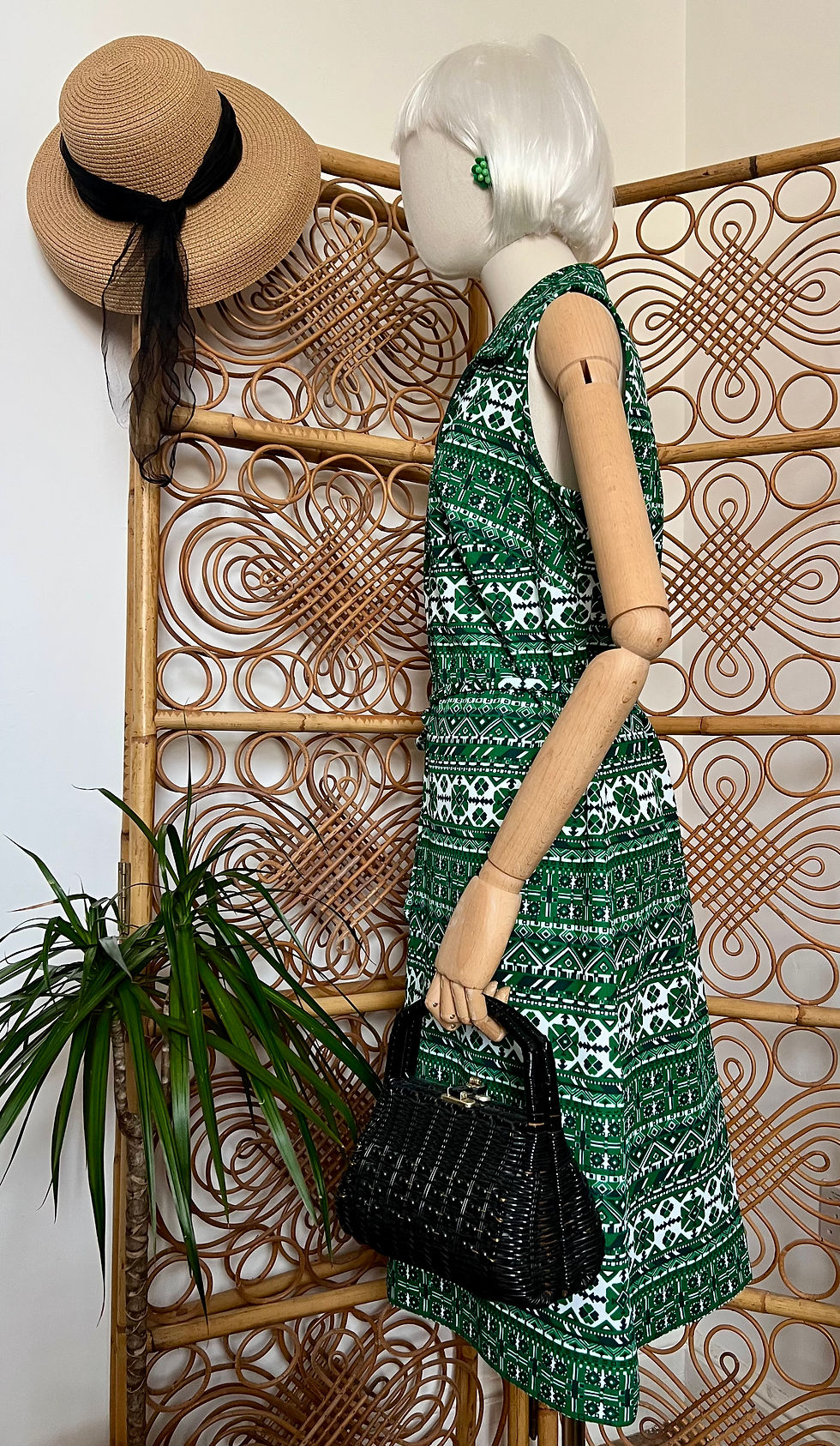 Vintage 60s 70s Green Bold Print Belted Dress Side View