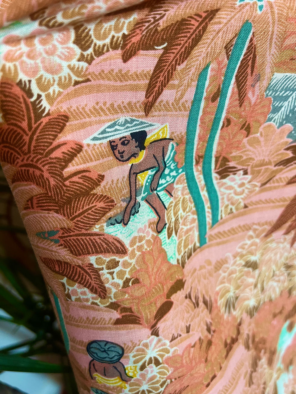 Thumbnail: Original 1970s Pink Peach Balinese Style Cotton Summer Dress Close Up pattern View