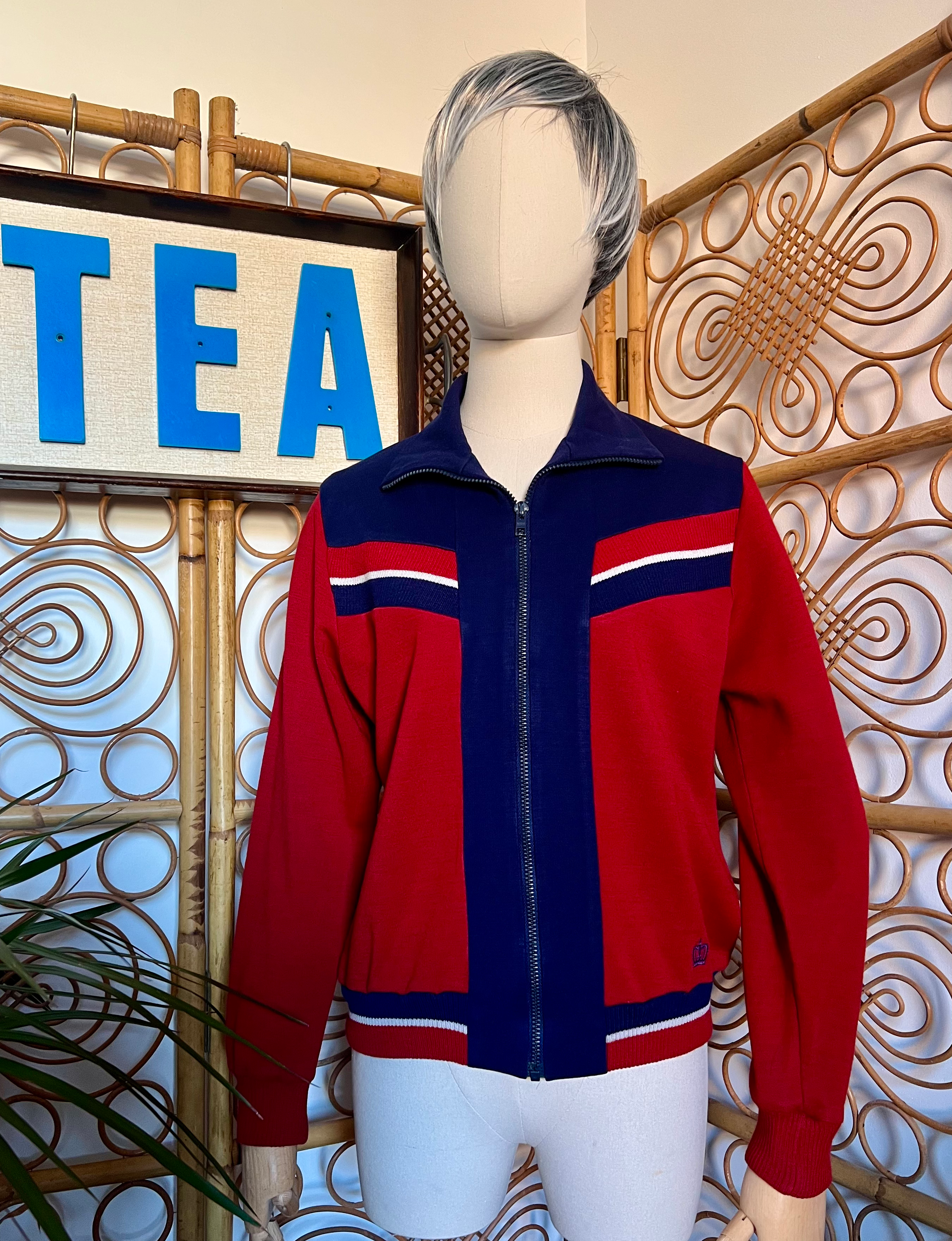60s 70s Burgundy Navy Medium Weight Zipped Tracksuit Top Front View