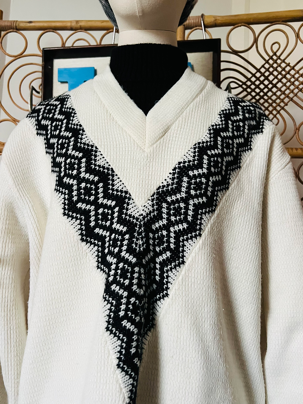 Thumbnail: 1960s 70s Cream Black Unisex Winter Turtle Neck Jumper Front View