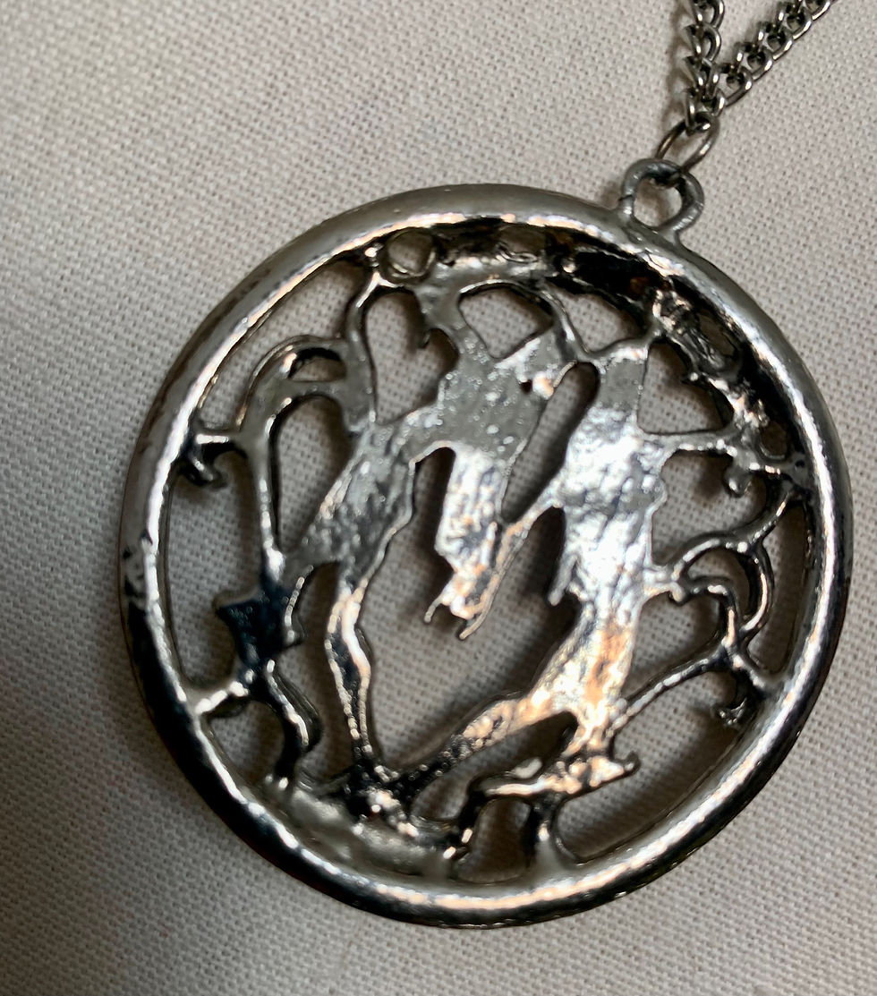 Thumbnail: 1970s Psychedelic Silver Tone Gemini Pendant Necklace Rear  View