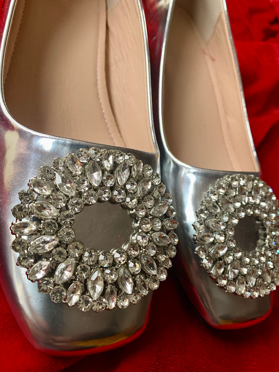 Thumbnail: Stylish Silver Patent Diamanté Buckle Court Shoes Close Up View