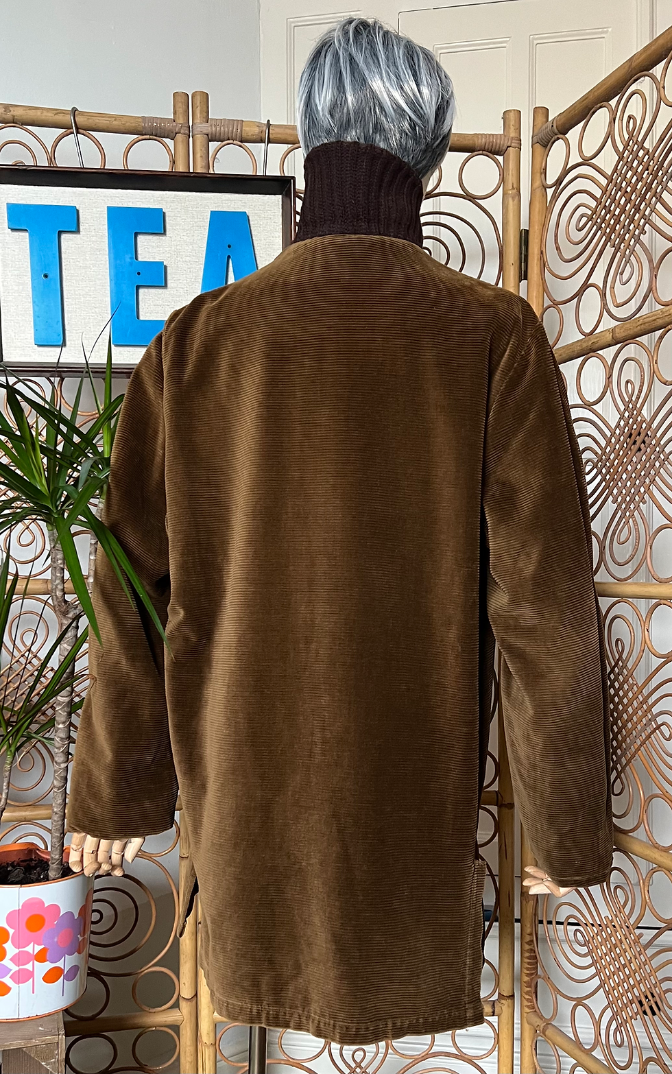 Thumbnail: Original 1970s Mid Brown Jumbo Cord Men's Winter Coat Rear  View
