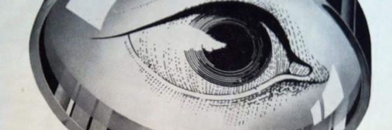 1960s Black and White Cartoon Drawing of Magnifying Glass