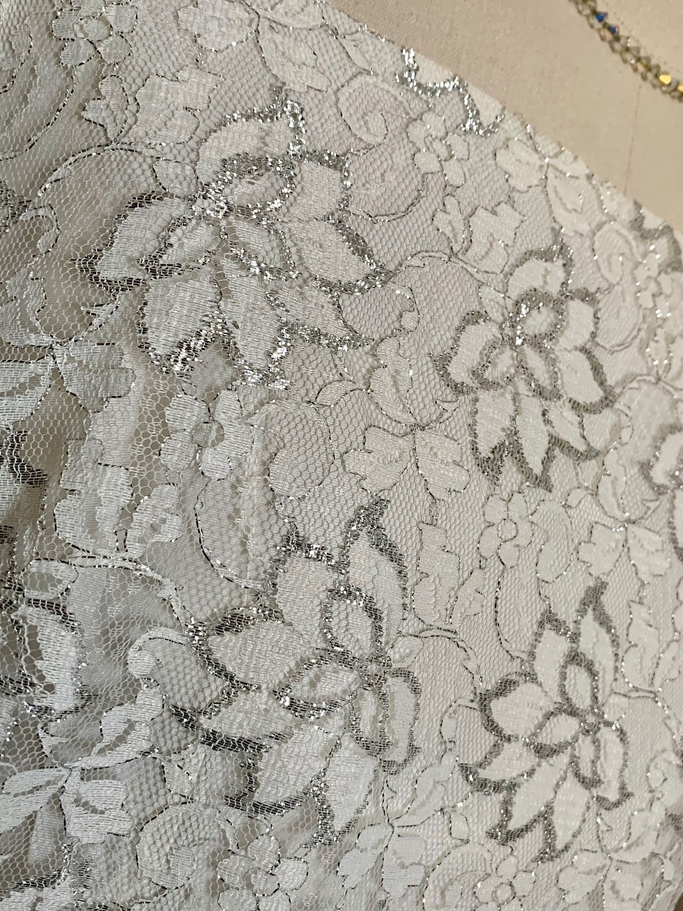 Thumbnail: Original 60s White Lace Silver Lamè Wedding Dress Close Up View