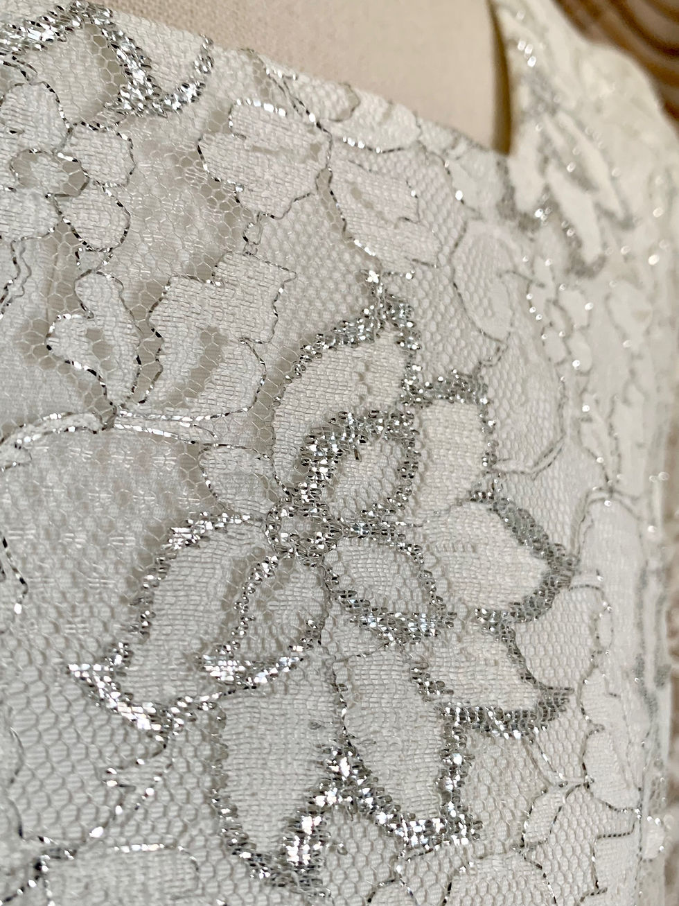 Thumbnail: Original 60s White Lace Silver Lamè Wedding Dress Front View