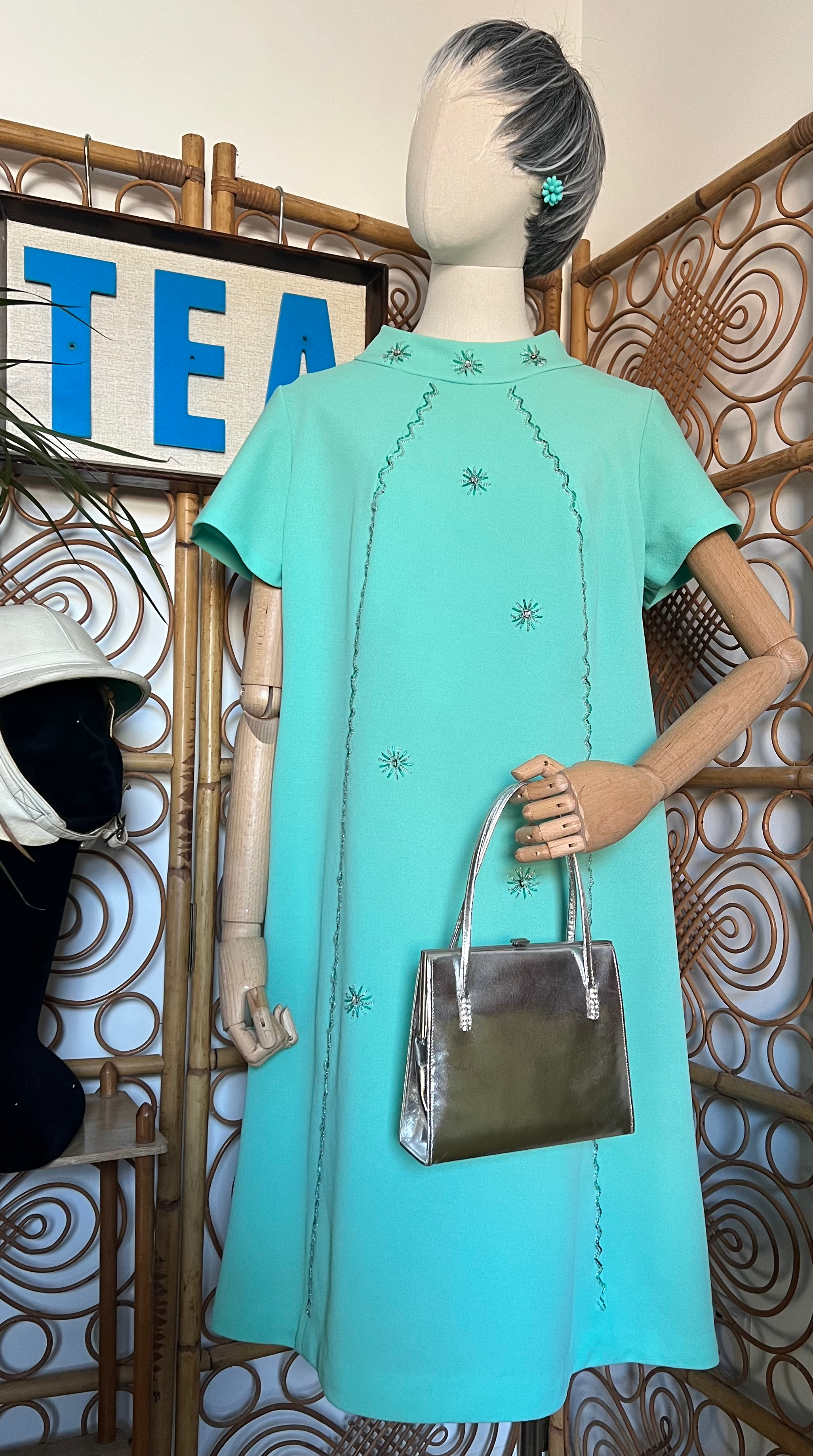 True Vintage Turquoise Crimplene Beaded Fuller Figure Dress Front View