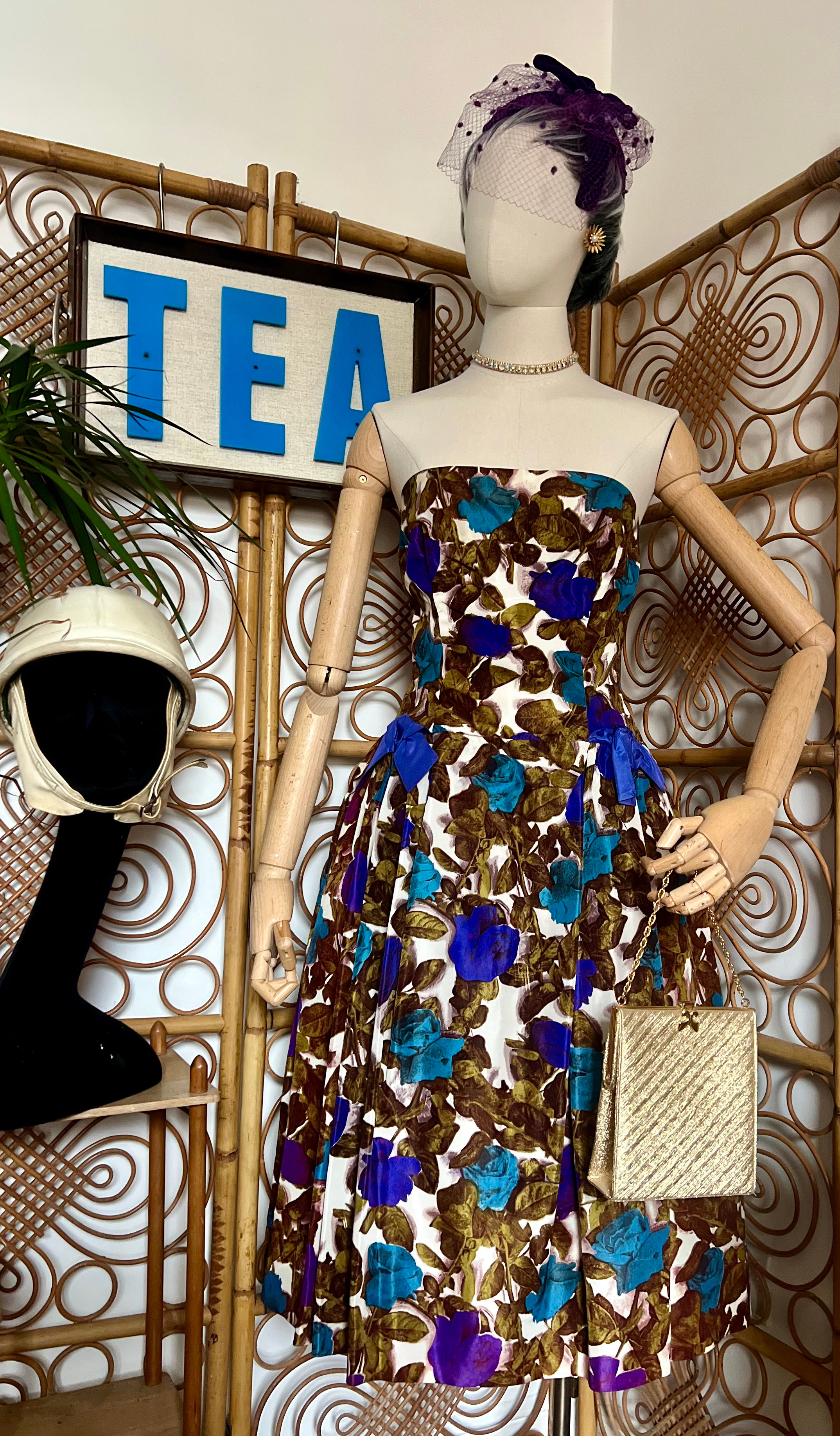 1950s 60s Full Skirt Teal Purple Green Party Prom Dress Front View