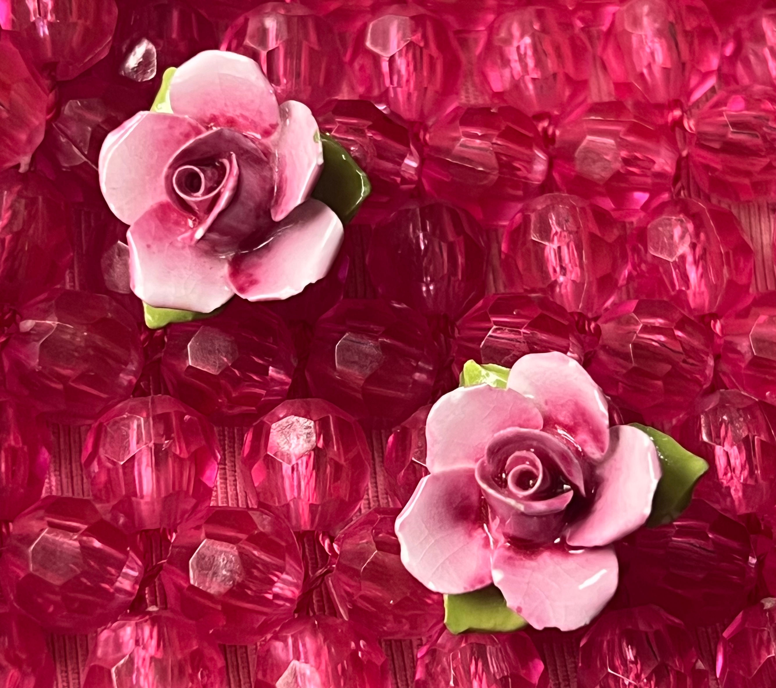 50s 60s Pink Porcelain Rose Flower Earrings Front View