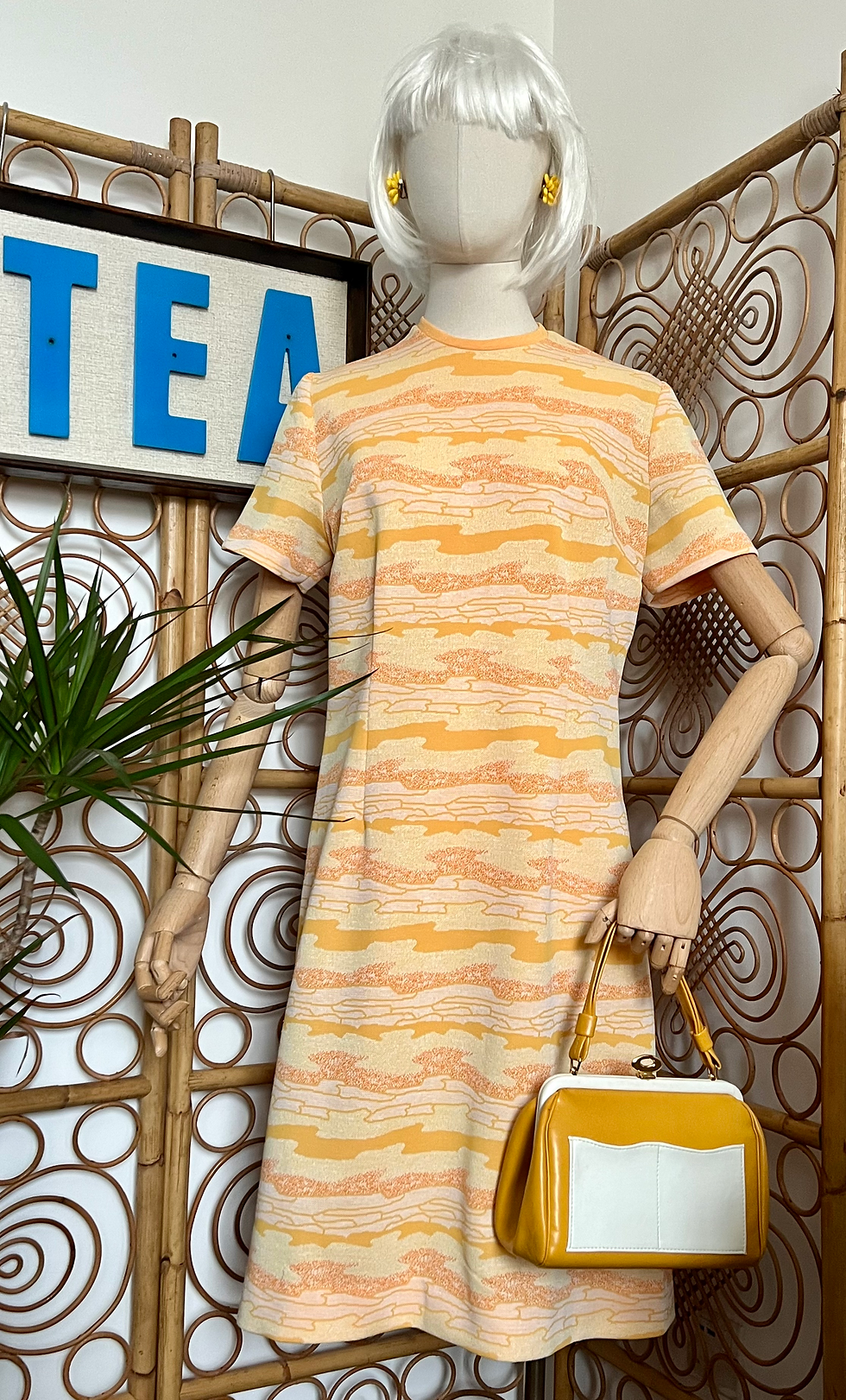 Original 60s Yellow Orange Crimplene Patterned Day Dress Front View