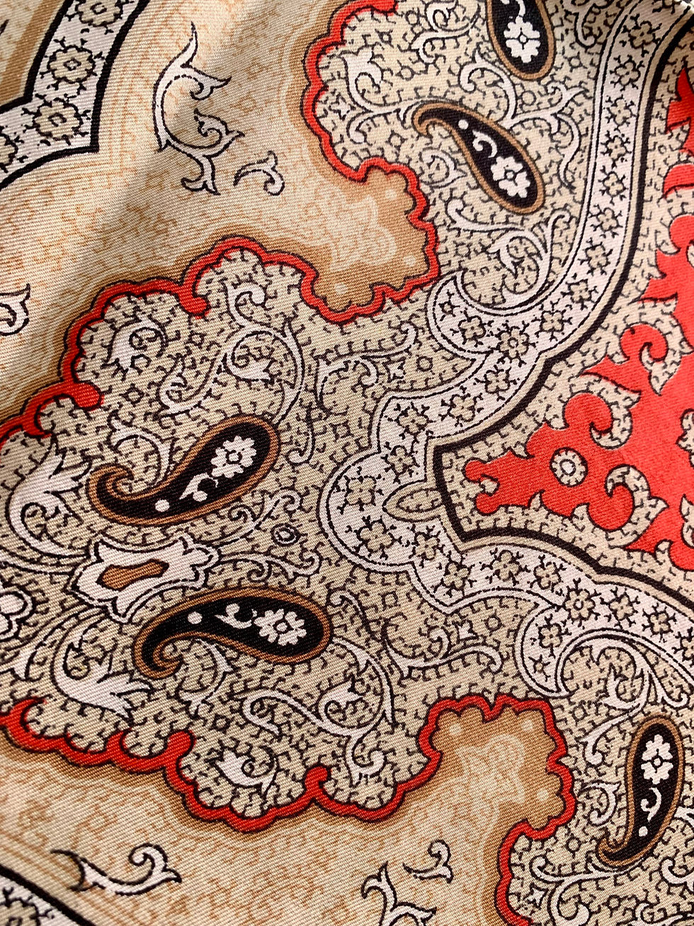 Thumbnail: Vintage Large Red Black Silk Paisley Pattern Scarf Pattern Close Up View