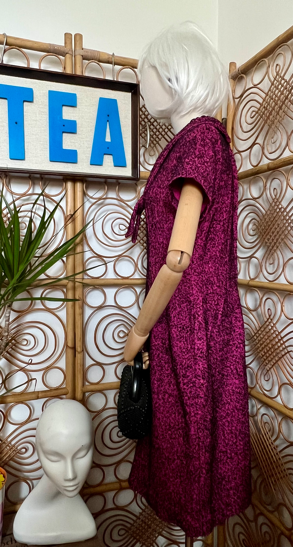 Thumbnail: True 1950s Shawl Style Pink and Black Wool Wiggle Dress Side View