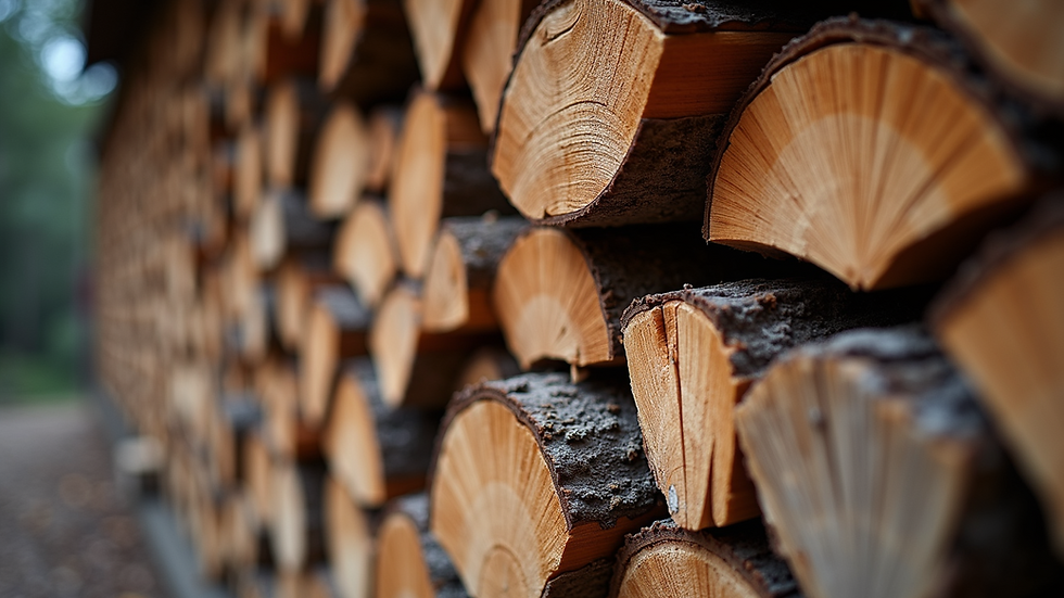 Close-up view of stacked seasoned hardwood firewood