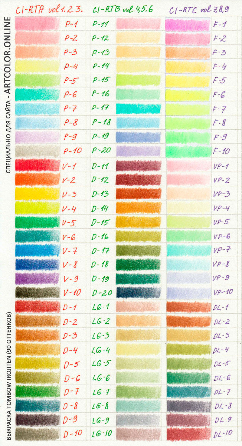 Выкраска 90 оттенков Tombow Irojiten / Tombow Irojiten 90 colours chart