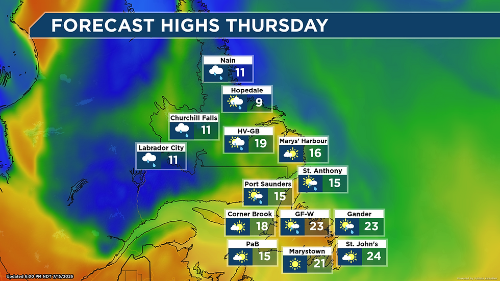 Warm Thursday Ahead for Much of Newfoundland, Cooler with Showers in Labrador