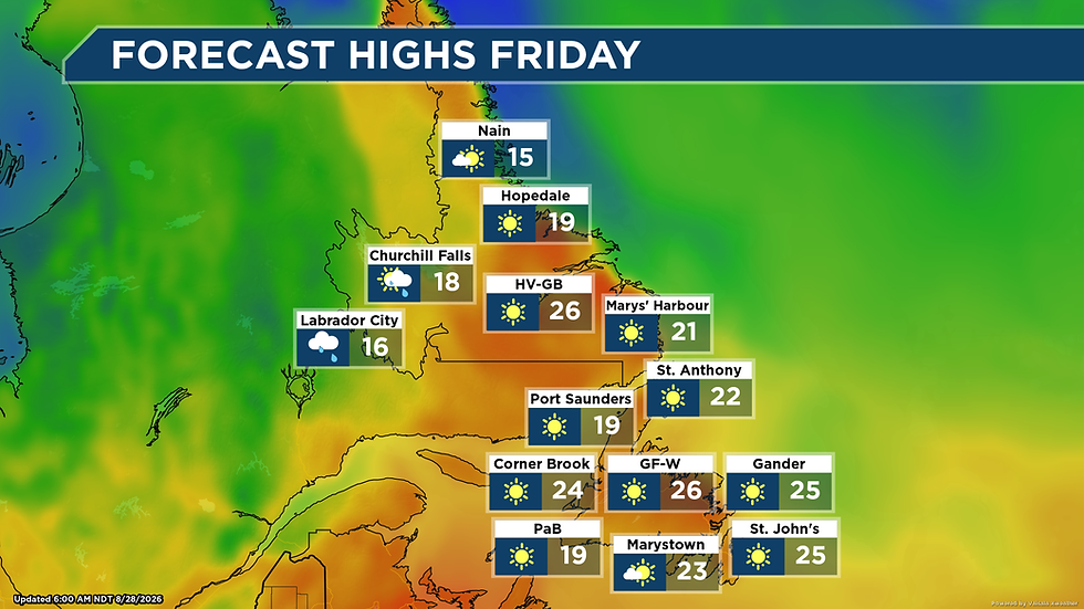 Rain across western Labrador, nice for the remainder of the province