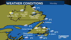 Mild, breezy conditions across Newfoundland Monday, with rain and snow continuing in Labrador