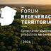 Promotional graphic for the 2026 Cerrado Territorial Regeneration Forum over an aerial view of the Cerrado landscape at sunset, with native vegetation, a watercourse, and productive areas. The image features the title “Cerrado Territorial Regeneration Forum,” the subtitle “Connecting productive systems in the Cerrado,” and the year 2026.