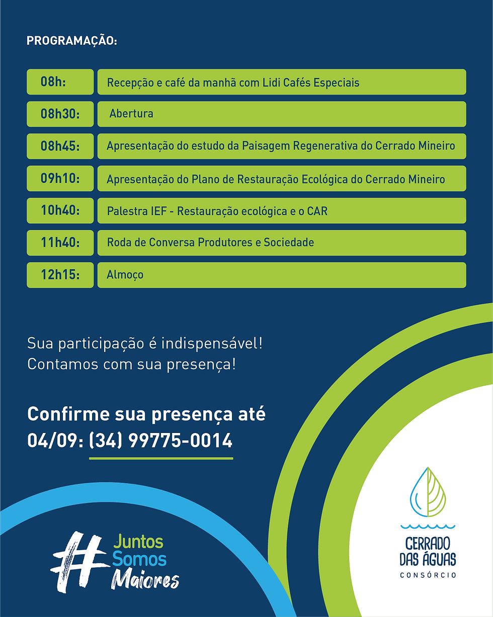 Programação da Oficina Biodiversidade e Café do Consórcio Cerrado das Águas, com palestras, estudo de paisagem regenerativa e roda de conversa