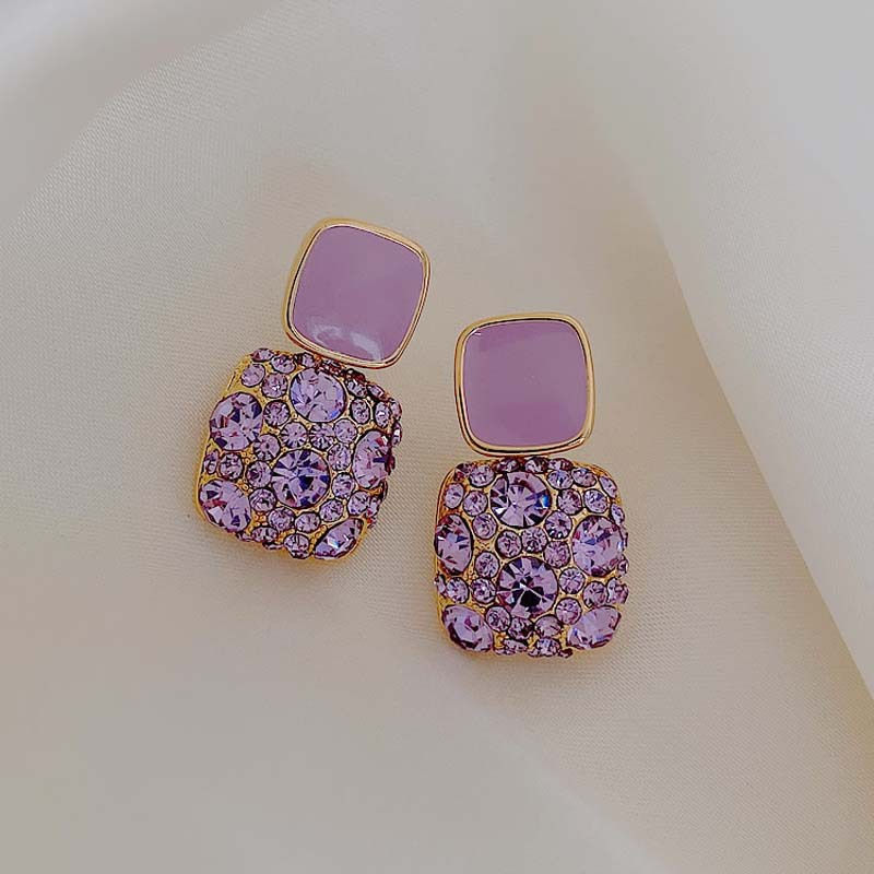 Thumbnail: Vintage Purple Crystal Drop Earrings | Geometric Gold Tone Statement Earrings