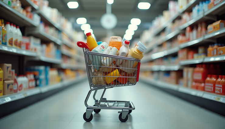 Eye-level view of a cluttered shopping cart filled with unnecessary items