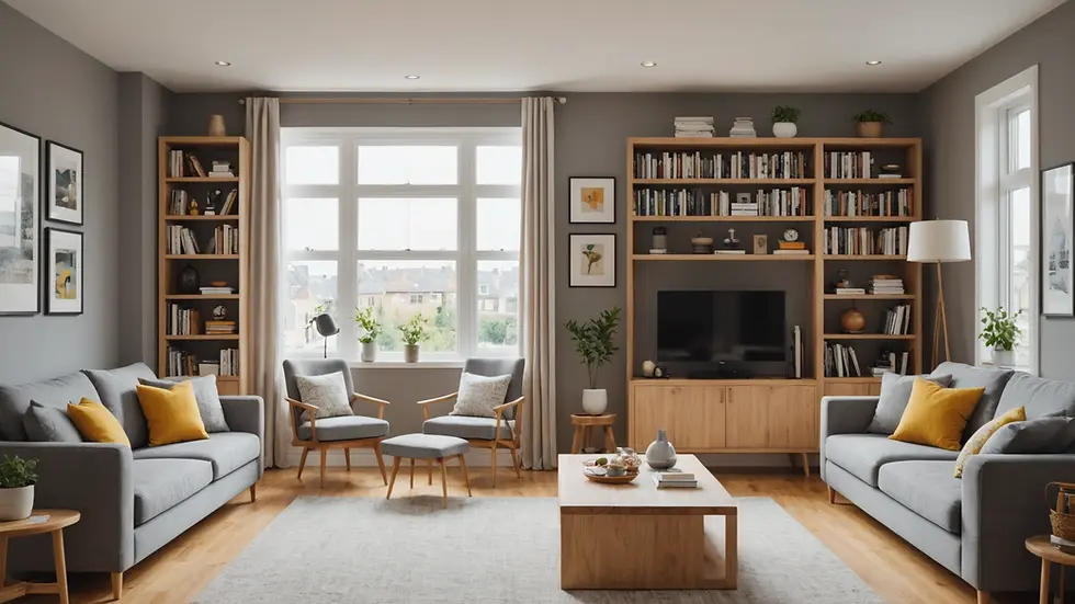 Eye-level view of a tidy living room with organized shelves