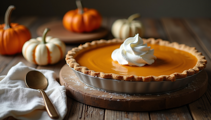 Close-up view of a pumpkin pie with whipped cream on a rustic wooden table