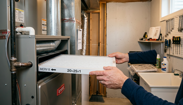 Eye-level view of a homeowner replacing a furnace filter