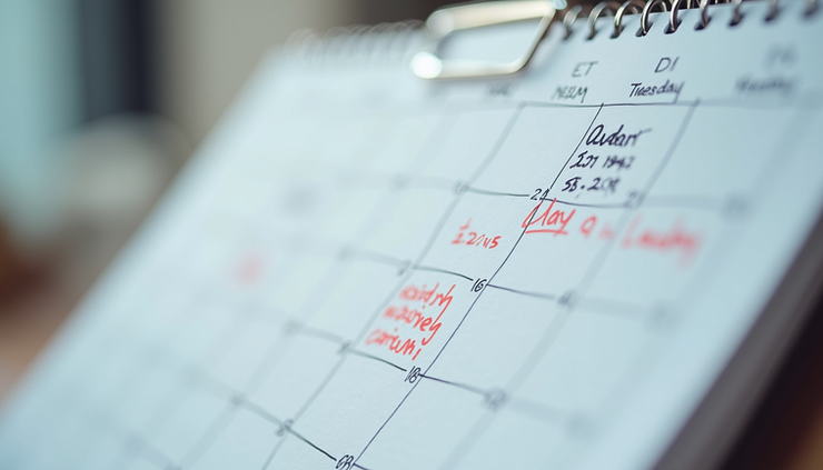 Close-up view of a calendar with marked important dates and notes