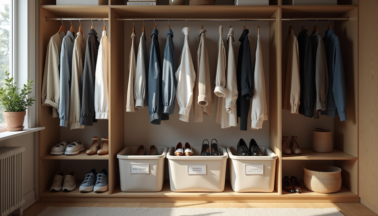 Close-up of a neatly arranged school wardrobe with labeled compartments for clothes and shoes