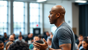 bald black male speaking to a college audience in the gym.jpg