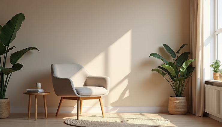 Eye-level view of a calm counselling room with a comfortable chair and soft lighting