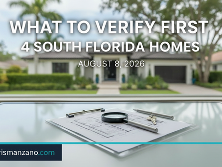 What to Verify First cover for four South Florida home listings from the August 8, 2026 alerts