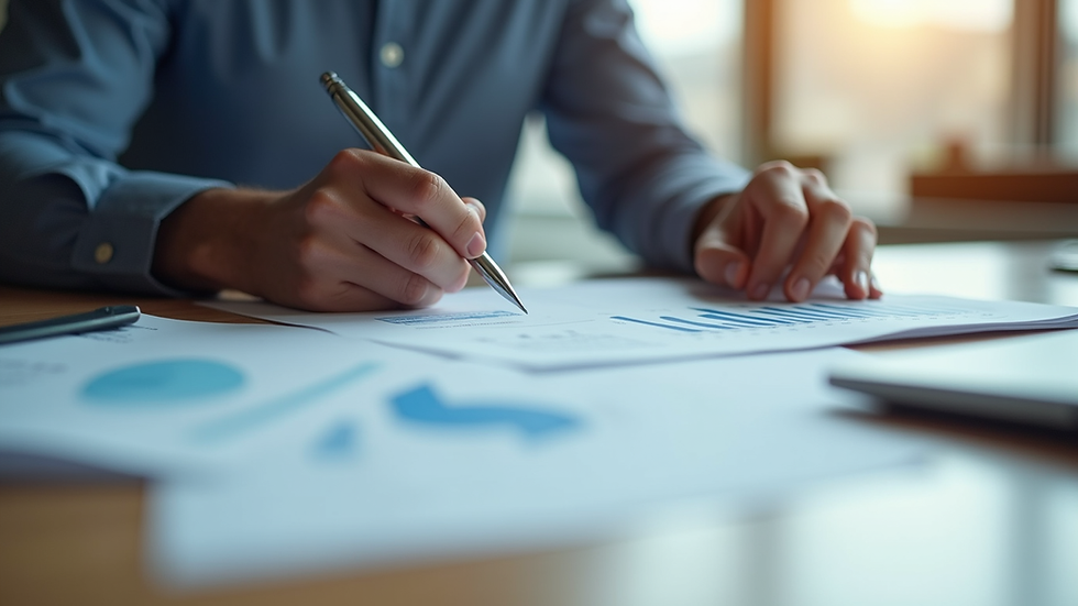Eye-level view of a person reviewing financial documents at a desk