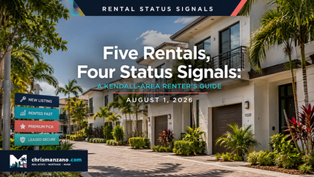 Branded ChrisManzano.com cover showing a Kendall-area townhouse rental community and rental status signals