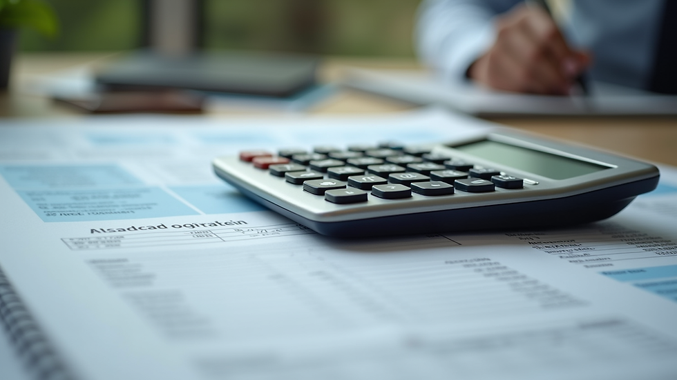 Close-up view of a calculator and financial documents on a desk