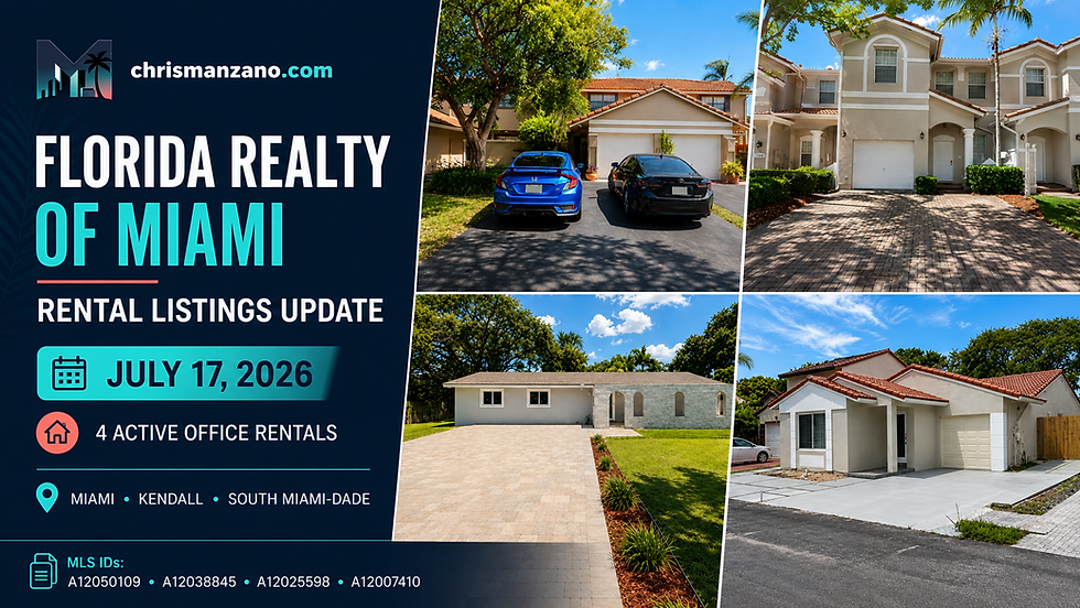 Florida Realty of Miami rental listings update for July 17, 2026 featuring four active office rentals