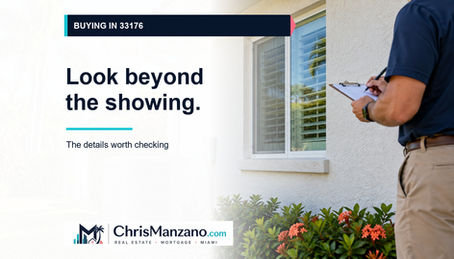 Buying in 33176 guide with an illustrative inspector reviewing a home's exterior.
