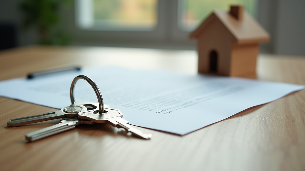 Close-up view of a contract and house keys on a wooden table