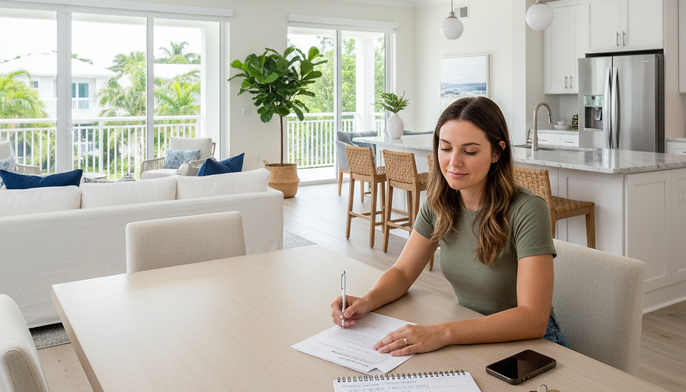 Prospective renter reviewing a rental checklist in a bright South Florida home interior
